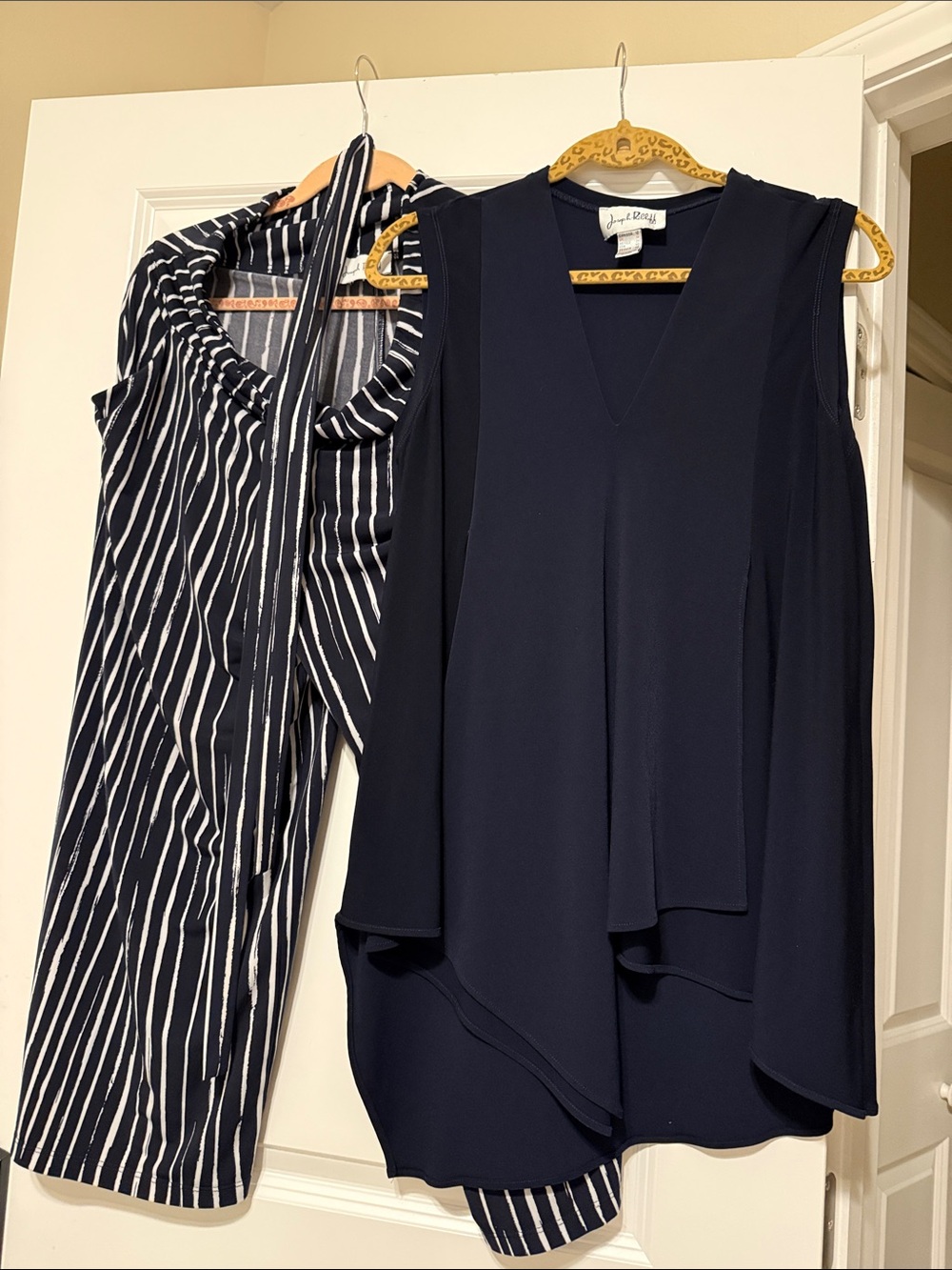 Navy Sleeveless V-Neck Blouse with Striped Scarf Top